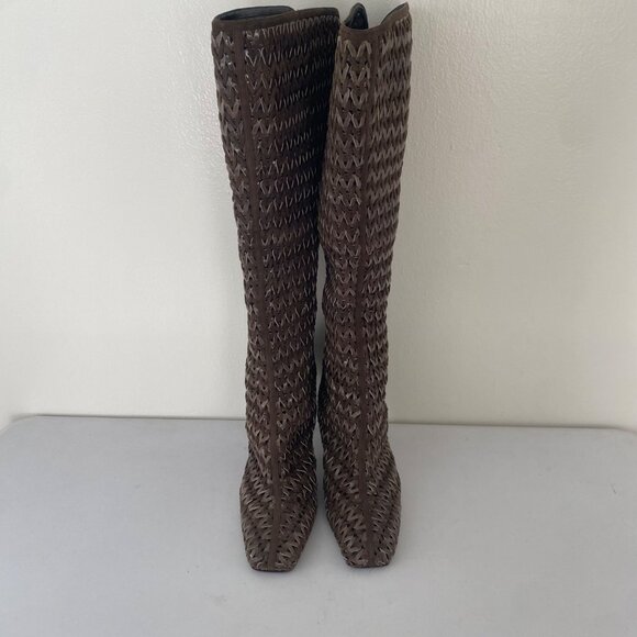 Sergio Rossi Square Toe Tall Woven Boots w Heel Shoes - Picture 3 of 11